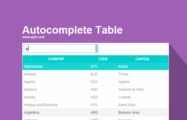 jquery自动完成表插件Autocomplete Table